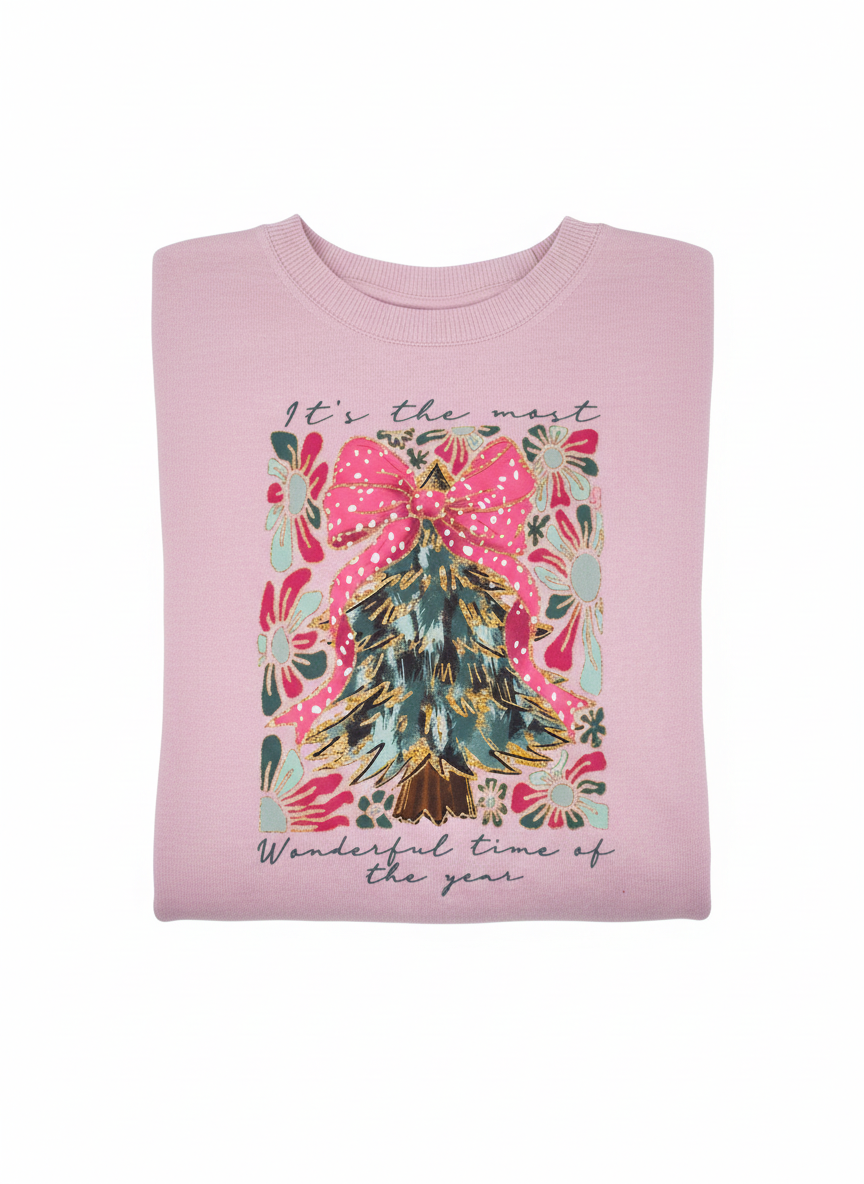 Christmas Tree with Pink Bow Crewneck Sweater